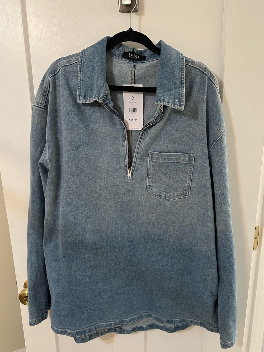 Brand new Light Wash Denim long sleeve dress  with Quarter Zip and pockets